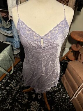 Victorias Secret Vintage 100% Silk Lace Trim Night Slip Medium Lavender